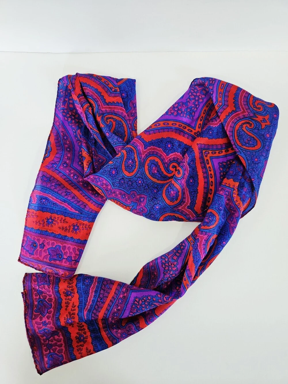Vintage Vibrant Jewel Tone Paisley Mandela Rolled Edge Long Silk Scarf Foulard
